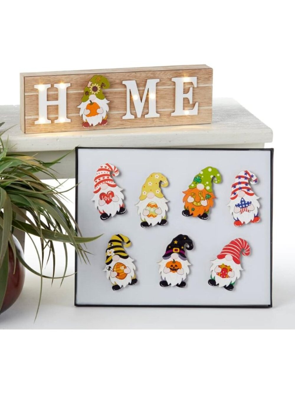 Gnome-Themed Wooden Seasonal Decor Set With LED Light-Up Home Sign & Magnetic Gn